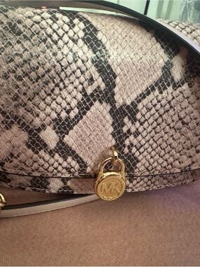 Michael Kors Taupe and Black Snake-Print Crossbody with Gold Hardware